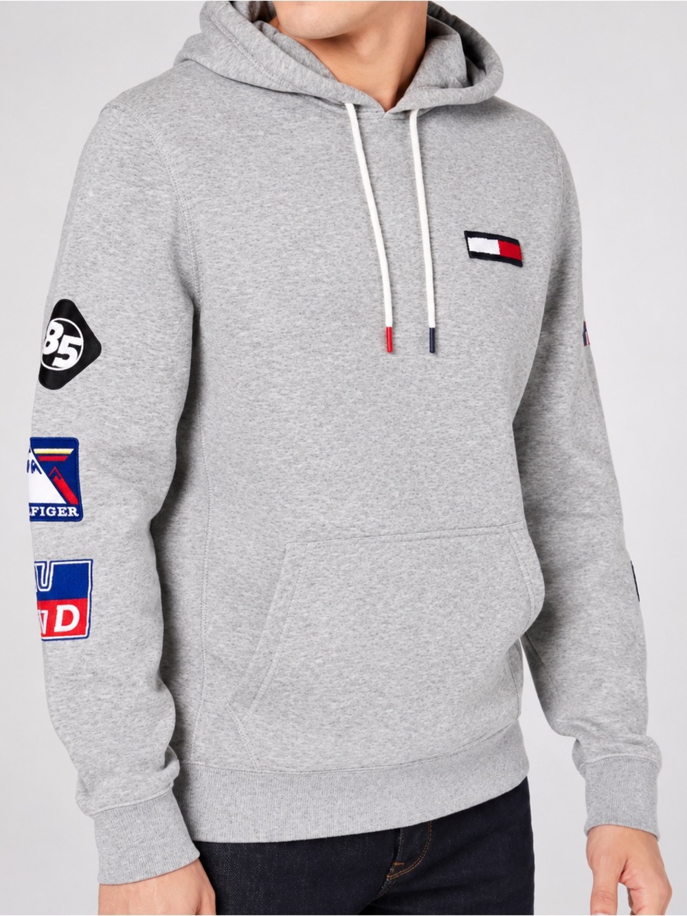Tommy Hilfiger Denim Sz L Hoodie Sweatshirt Grey Graphic Patch Sleeve Pullover L